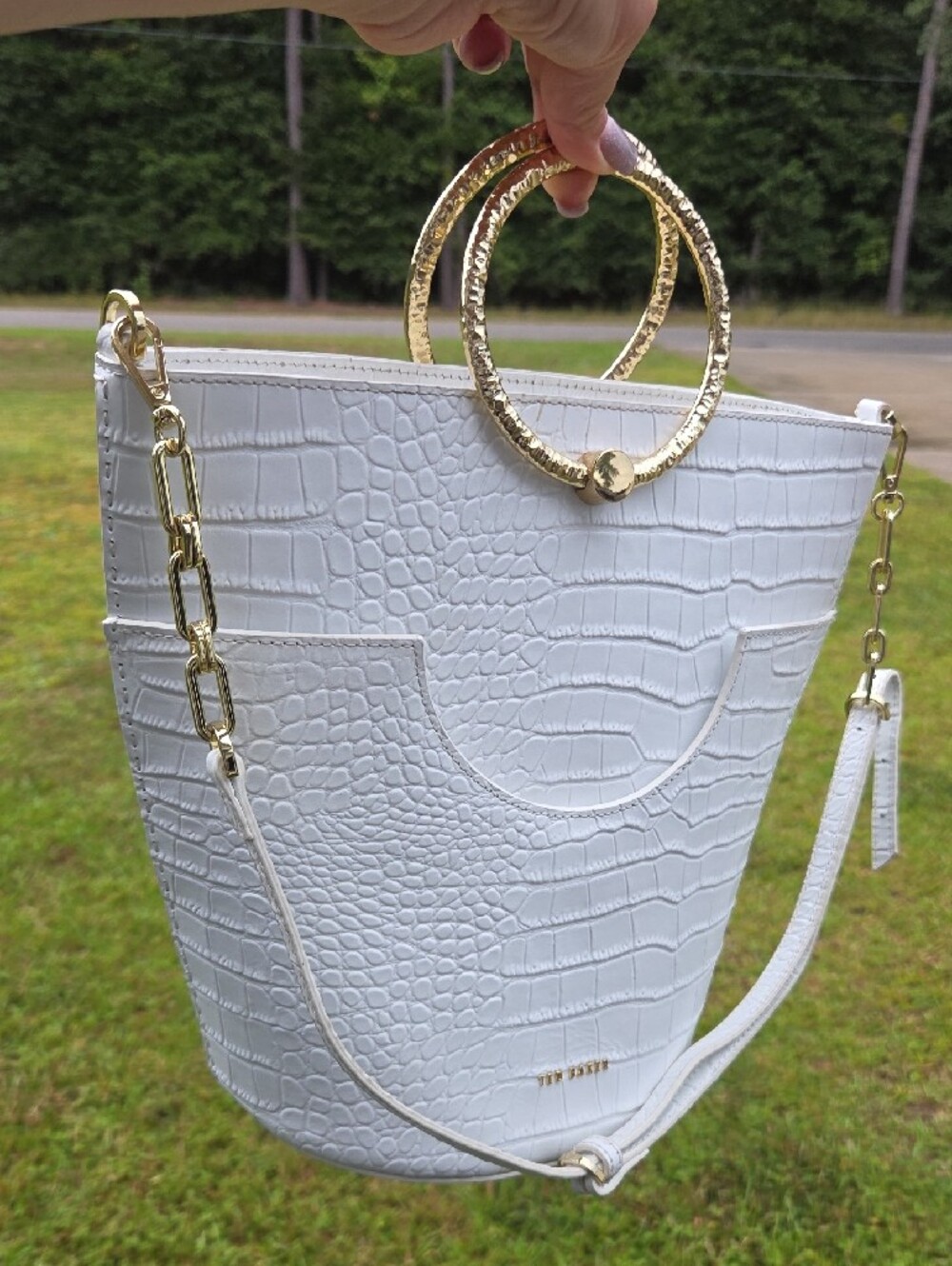 Ted Baker White Croc-Embossed Bovine Leather Tote with Gold Ring Handle